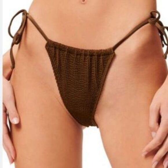 NWT GOOD AMERICAN Mocha Always Fits Tiny Ties Crinkle Bikini Bottom - Picture 1 of 9